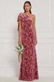 Dark Green Sheath One Shoulder Burnout Velvet Long Bridesmaid Dress with Bow