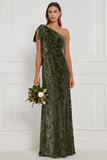 Dark Green Sheath One Shoulder Burnout Velvet Long Bridesmaid Dress with Bow