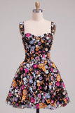 Apricot A-Line Sweetheart Floral Short Homecoming Dress with Sequins