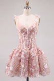 Pink A Line Corset Sweetheart Short Homecoming Dress with Flowers