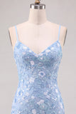 Sparkly Light Blue Bodycon Floral Short Homecoming Dress with Sequins