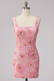 Sparkly Pink Bodycon Square Neck Floral Short Cocktail Dress with Appliques