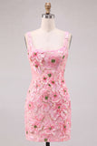 Pink Bodycon Square Neck Floral Short Homecoming Dress with Appliques