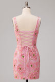 Sparkly Pink Bodycon Square Neck Floral Short Cocktail Dress with Appliques