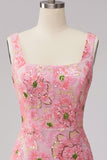 Sparkly Pink Bodycon Square Neck Floral Short Cocktail Dress with Appliques