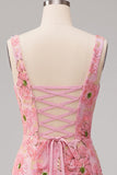 Sparkly Pink Bodycon Square Neck Floral Short Cocktail Dress with Appliques