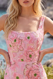 Sparkly Pink Bodycon Square Neck Floral Short Cocktail Dress with Appliques