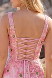 Sparkly Pink Bodycon Square Neck Floral Short Cocktail Dress with Appliques