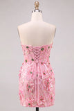 Pink Bodycon Strapless Floral Short Homecoming Dress