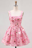 Pink A-Line Square Neck Floral Short Homecoming Dress with Sequins