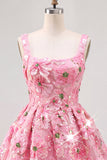 Pink A-Line Square Neck Floral Short Homecoming Dress with Sequins