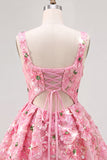 Pink A-Line Square Neck Floral Short Homecoming Dress with Sequins
