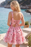 Pink A-Line Square Neck Floral Short Homecoming Dress with Sequins
