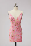 Pink V-Neck Floral Appliques Short Bodycon Cocktail Dress with Lace Up Back