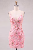 Pink V-Neck Floral Short Tight Homecoming Dress with Lace Up Back