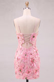 Pink V-Neck Floral Short Tight Homecoming Dress with Lace Up Back