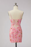 Pink V-Neck Floral Appliques Short Bodycon Cocktail Dress with Lace Up Back