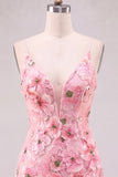 Pink V-Neck Floral Short Tight Homecoming Dress with Lace Up Back