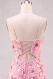 Pink V-Neck Floral Short Tight Homecoming Dress with Lace Up Back