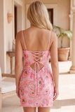 Pink V-Neck Floral Appliques Short Bodycon Cocktail Dress with Lace Up Back