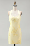 Daffodil Tight Halter Ruched Short Cocktail Dress with Floral Embroidery