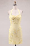 Daffodil Tight Halter Ruched Short Homecoming Dress with Floral Embroidery
