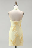 Daffodil Tight Halter Ruched Short Cocktail Dress with Floral Embroidery