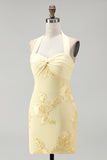 Daffodil Tight Halter Ruched Short Cocktail Dress with Floral Embroidery