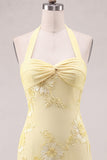 Daffodil Tight Halter Ruched Short Homecoming Dress with Floral Embroidery