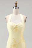 Daffodil Tight Halter Ruched Short Cocktail Dress with Floral Embroidery