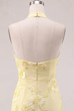 Daffodil Tight Halter Ruched Short Homecoming Dress with Floral Embroidery