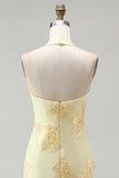 Daffodil Tight Halter Ruched Short Cocktail Dress with Floral Embroidery