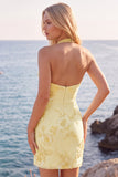 Daffodil Tight Halter Ruched Short Homecoming Dress with Floral Embroidery