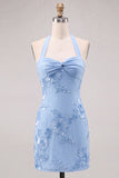 Daffodil Tight Halter Ruched Short Homecoming Dress with Floral Embroidery