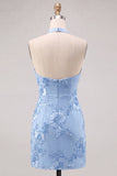 Daffodil Tight Halter Ruched Short Homecoming Dress with Floral Embroidery