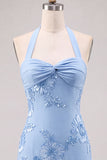 Daffodil Tight Halter Ruched Short Homecoming Dress with Floral Embroidery