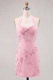 Daffodil Tight Halter Ruched Short Homecoming Dress with Floral Embroidery