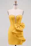 Yellow Bodycon Pearl Trim Corset Short Cocktail Dress with Side Bow Detail