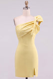 Yellow Bodycon One-Shoulder Pearl Beaded Short Homecoming Dress with Bow Detail