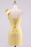 Yellow Bodycon One-Shoulder Pearl Beaded Short Homecoming Dress with Bow Detail