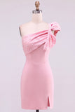 Yellow Bodycon One-Shoulder Pearl Beaded Short Homecoming Dress with Bow Detail