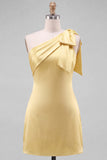 Yellow Satin One-Shoulder Short Homecoming Dress with Bow Detail
