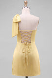 Yellow Satin One-Shoulder Short Homecoming Dress with Bow Detail