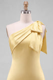 Yellow Satin One-Shoulder Short Homecoming Dress with Bow Detail