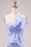 Light Blue Strapless Satin Short Homecoming Dress with Bow Detail