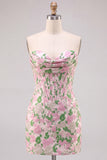 Floral Pink Strapless Jacquard Bodycon Corset Mini Homecoming Dress