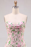 Floral Pink Strapless Jacquard Bodycon Corset Mini Homecoming Dress