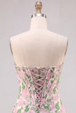 Floral Pink Strapless Jacquard Bodycon Corset Mini Homecoming Dress
