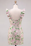 Floral Pink Jacquard Flutter Sleeves Bodycon Mini Homecoming Dress