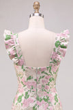 Floral Pink Jacquard Flutter Sleeves Bodycon Mini Homecoming Dress